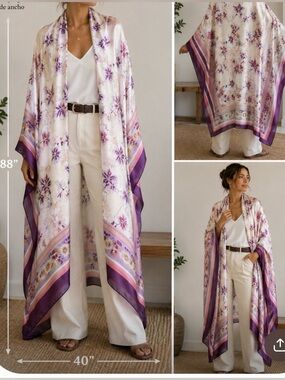 New DANA XU Silk Satin Floral Butterfly Shawl Wrap Scarf Purple Ivory Pink 40x88